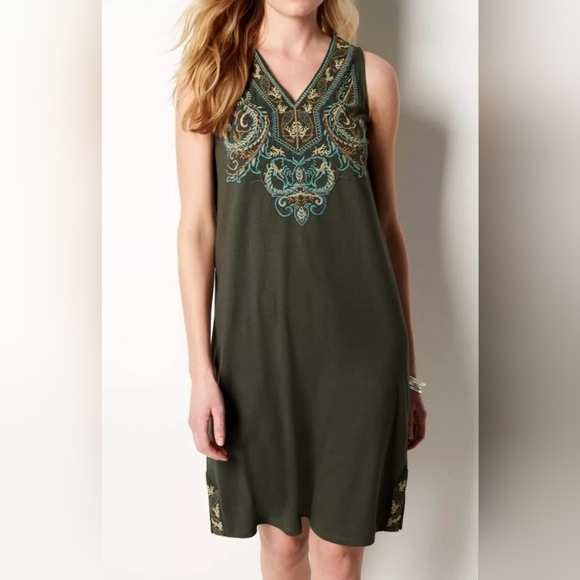 J.Jill Medium Modal Blend Embroidery Green Shift Dress - Picture 3 of 11